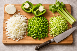 Busy Day? Try Chicken Sausage Jambalaya in a Slow Cooker 3 The image shows various chopped vegetables including onions, bell peppers, and celery on a wooden cutting board, suggesting ingredients for a dish like chicken and sausage jambalaya made in an Instant Pot.