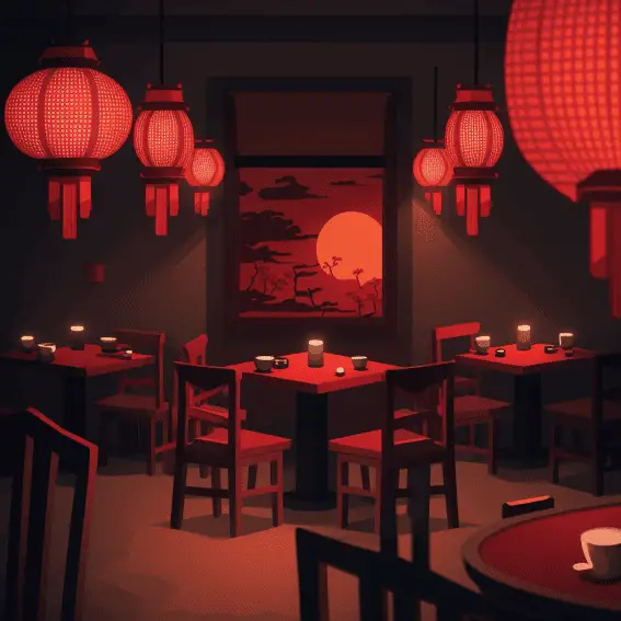 Scene A cozy restaurant with red lanterns and wooden b0c77584 d512 4234 b785 3027f3862c92