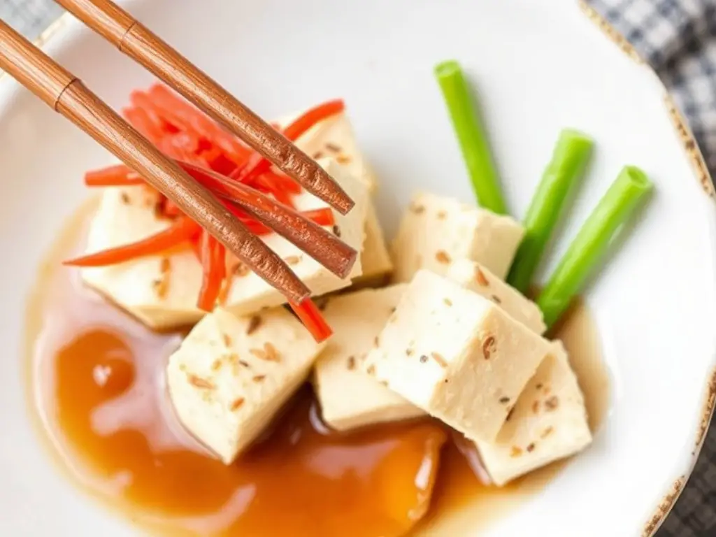 Fermented tofu on a wooden plate, garnished with fresh herbs and chili, highlighting its rich flavor and culinary versatility.